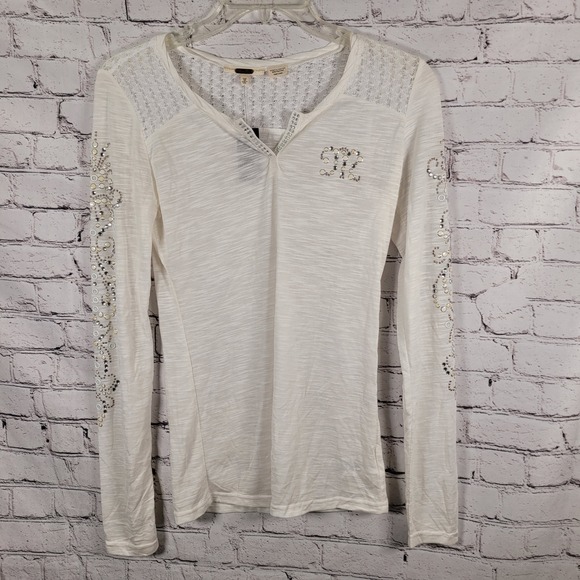 Miss Me Long Sleeve Top Womens Medium White NWT Rhinestone Studded Lace Yoke - Picture 3 of 9